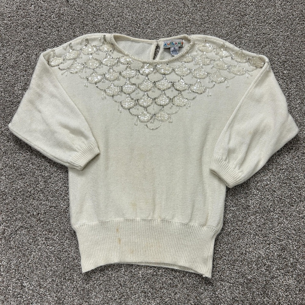 A'Milano Sweater Womens M White Beaded Sequin 3/4 Dolman Boat Neck Pullover